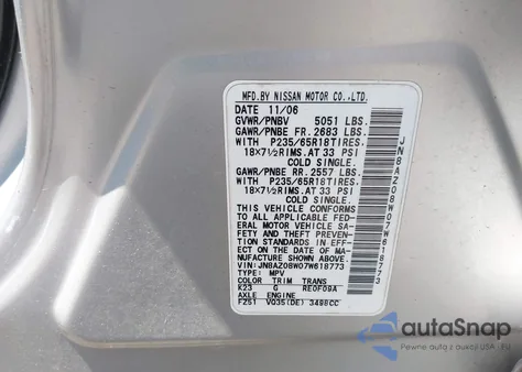 2007 Nissan Murano Sl from USA, damaged, VIN JN8AZ08W07W618773